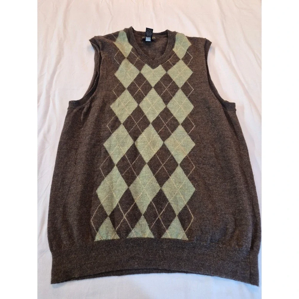 Banana Republic Mens Brown Argyle 100% Merino Wool V-Neck Sweater Vest Size M
